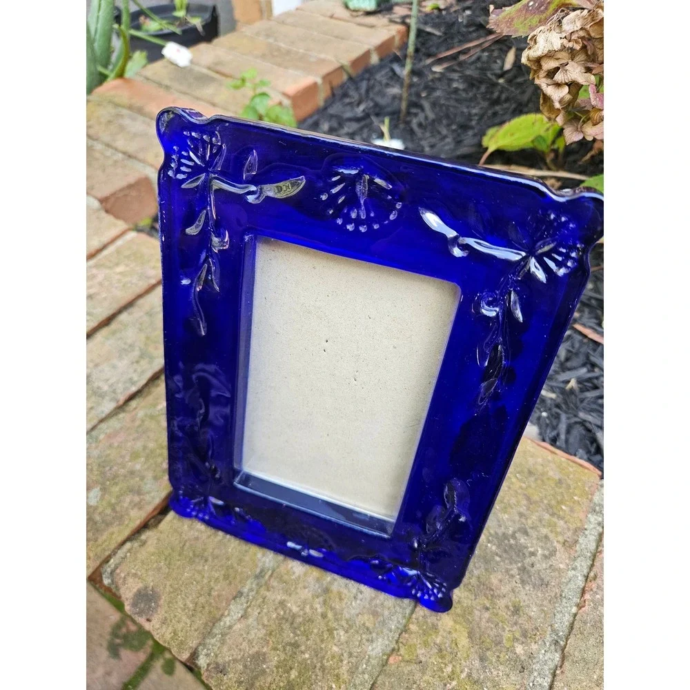 Vtg Cobalt Molded Glass Picture Frame, Art Deco Style Fan & Floral Design 3